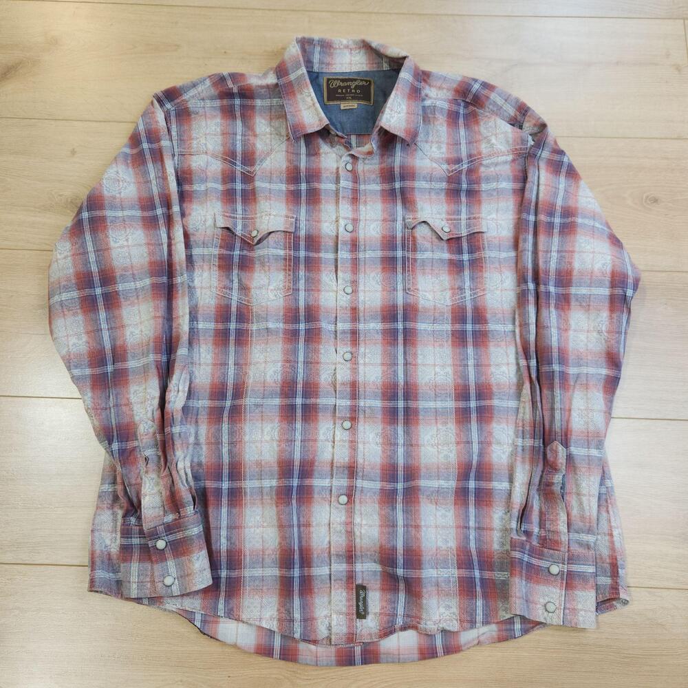 Wrangler Retro Western Shirt Mens 2XL Red Plaid Pearl Snap Long Sleeve Cowboy